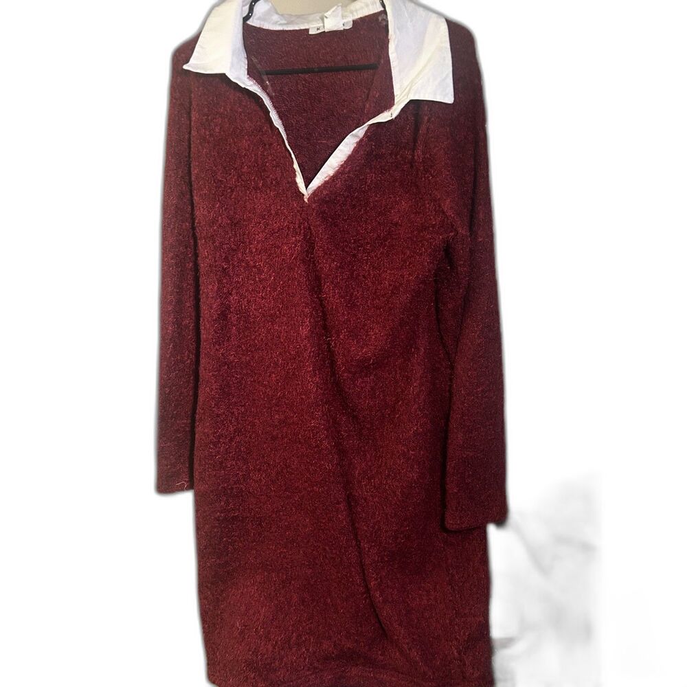 K+GLAM Burgundy Fuzzy Eyelash Knit Sweater Dress 3XL Whimsigoth Preppy Collar